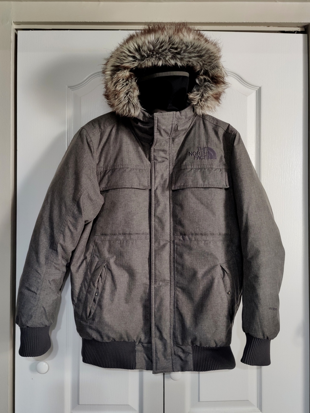North Face Mens Medium Gotham II Bomber 550 Down Jacket Graphite Grey Tweed